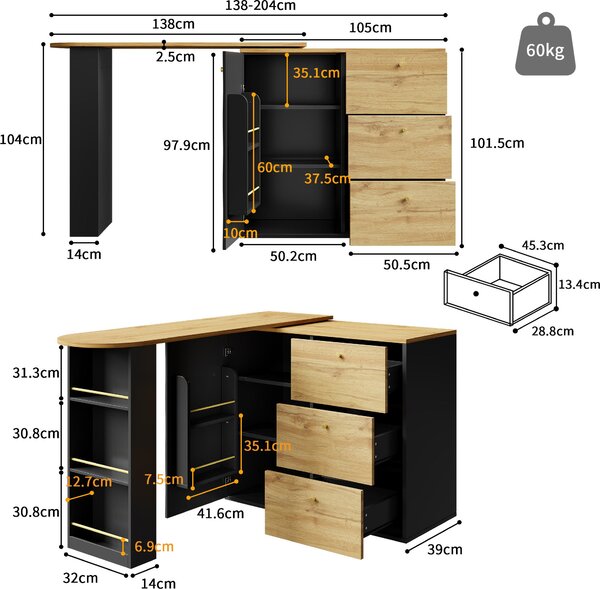 Sweiko Rozkládací barový stůl s úložným prostorem (138-204 × 39 × 104 cm), jídelní bar otočný o 360°, moderní pojízdný barový stůl, vysoký stůl kuchyňský ostrovní bistro stůl, příborník s dřevěnou strukturou