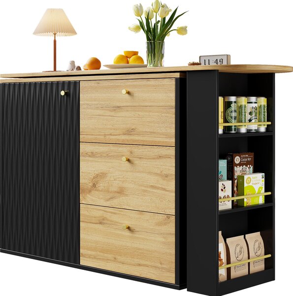 Sweiko Rozkládací barový stůl s úložným prostorem (138-204 × 39 × 104 cm), jídelní bar otočný o 360°, moderní pojízdný barový stůl, vysoký stůl kuchyňský ostrovní bistro stůl, příborník s dřevěnou strukturou