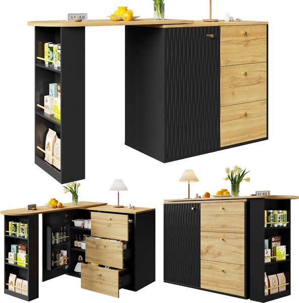 Sweiko Rozkládací barový stůl s úložným prostorem (138-204 × 39 × 104 cm), jídelní bar otočný o 360°, moderní pojízdný barový stůl, vysoký stůl kuchyňský ostrovní bistro stůl, příborník s dřevěnou strukturou