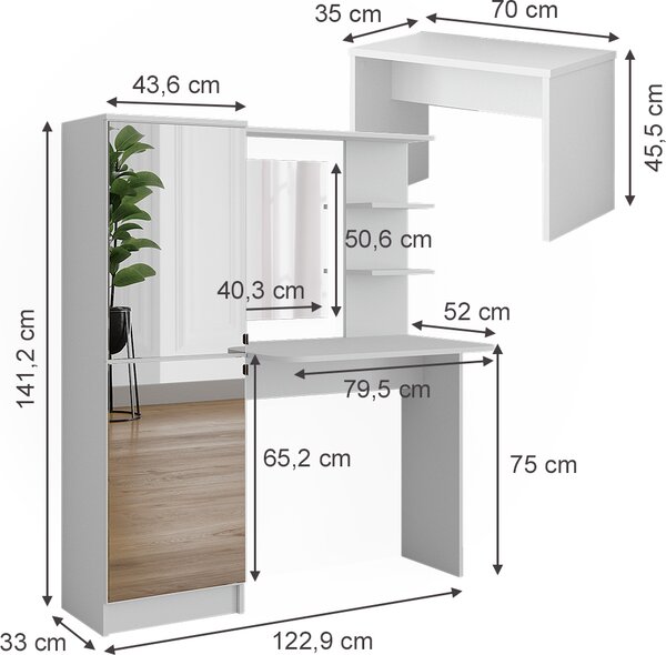 Toaletní stolek Vicco Jasmin Bílá 123 x 141.2 cm s lavičkou, Model 51268