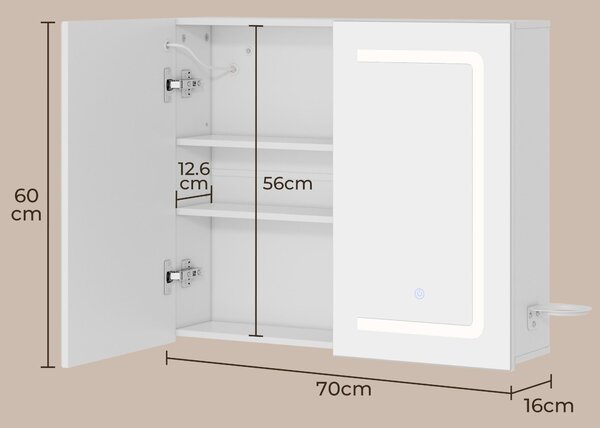 Zrcadlová skříňka BEALIFE, rozměry 70x60x16 cm, s regulovatelným LED osvětlením | Koupelnová skříňka s úložným prostorem a osvětlením | Bílá | AP84