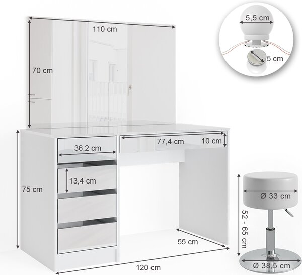 Toaletní stolek Vicco Sherry Bílá 120 cm s LED osvětlením a taburetem, Model 33954