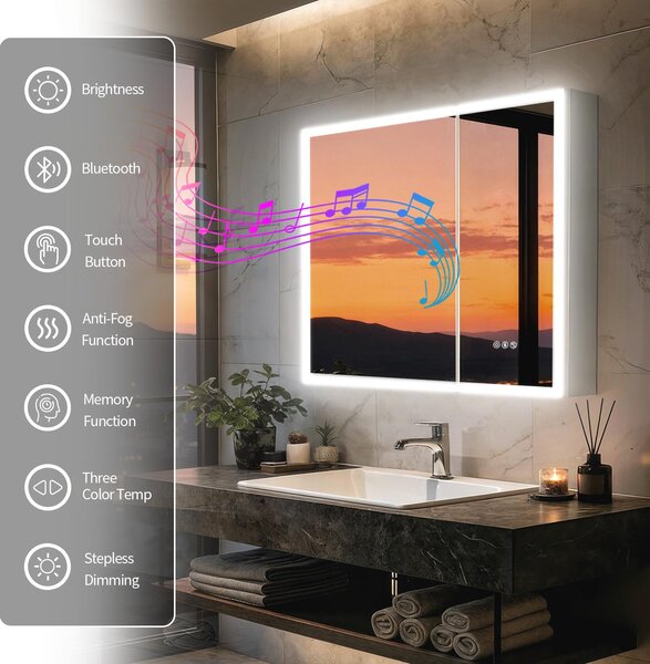 WISFOR Zrcadlová skříňka do koupelny s osvětlením a Bluetooth, 80x70 cm. Nástěnná zrcadlová skříňka s Bluetooth, proti zamlžování, 2 dveře, skříňka do koupelny