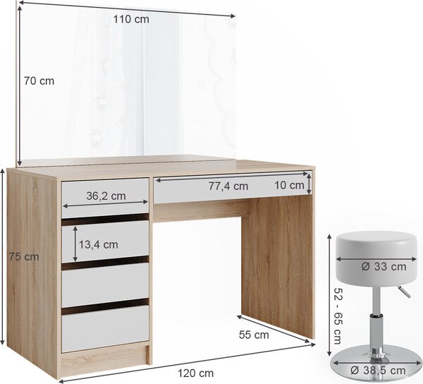 Toaletní stolek Vicco Sherry Bílá/Sonoma 120 cm se stoličkou, Model 36880