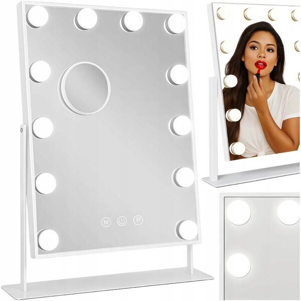 Kosmetické zrcadlo Hollywood LED, 12 světel, 3 režimy, USB, bílé