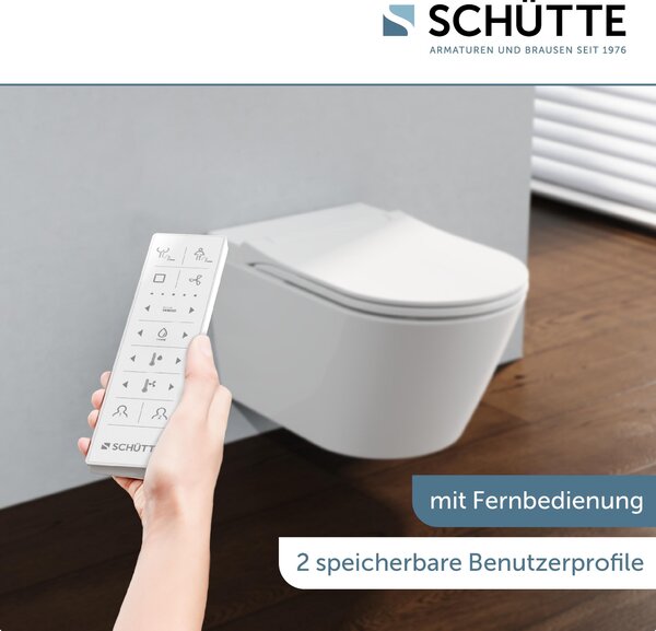 SCHÜTTE CESARI PREMIUM klozet se sprchou, bez okrajů, klozet s funkcí bidetu a dámské sprchy, klozetové prkénko s měkkým zavíráním bílé, tvar D Slim