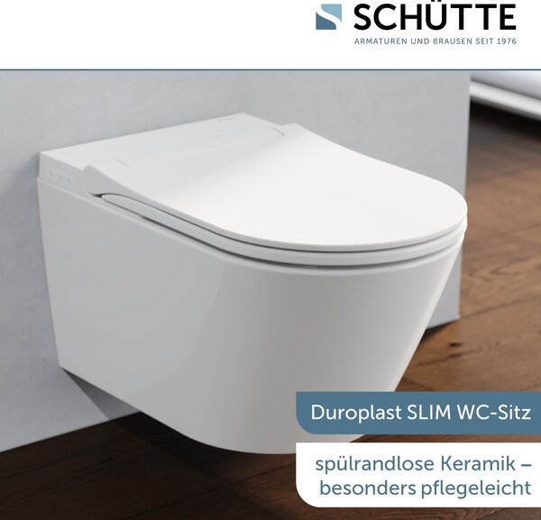 SCHÜTTE CESARI PREMIUM klozet se sprchou, bez okrajů, klozet s funkcí bidetu a dámské sprchy, klozetové prkénko s měkkým zavíráním bílé, tvar D Slim