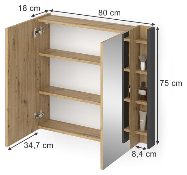 Koupelnová zrcadlová skříňka Vicco Edelin Antracit/Artisan 80 x 75 cm s policemi, Model 57988