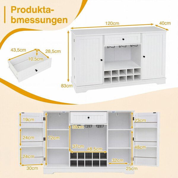 Komoda COSTWAY s policí na víno a úložným prostorem pro sklenice, rozměry 120 x 40 x 83 cm, kuchyňská skříňka z dřevotřísky se zásuvkou, otevřenou přihrádkou a policemi