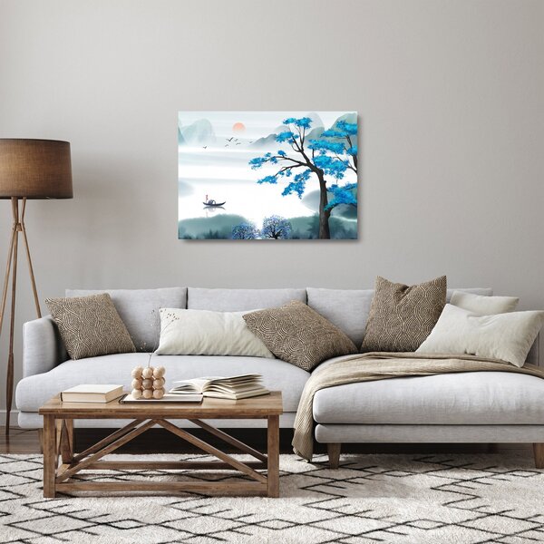 Skleněný obraz - Malované jezero s loďkou (70x50 cm)