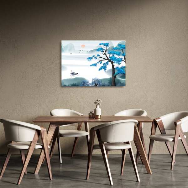 Skleněný obraz - Malované jezero s loďkou (70x50 cm)