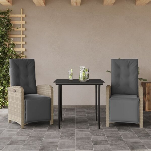 3dílný bistro set s poduškami světle šedý polyratan 3212598