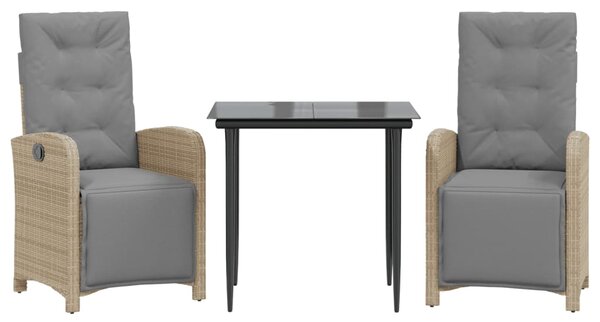 3dílný bistro set s poduškami světle šedý polyratan 3212598