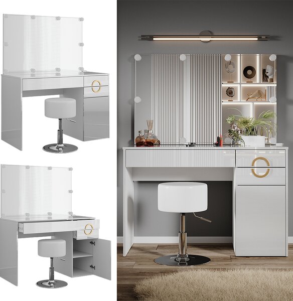 Toaletní stolek Vicco Adela Bílá 115 cm s LED osvětlením a taburetem, Model 40857