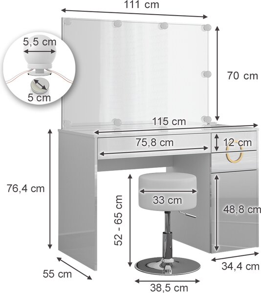 Toaletní stolek Vicco Adela Bílá 115 cm s LED osvětlením a taburetem, Model 40857