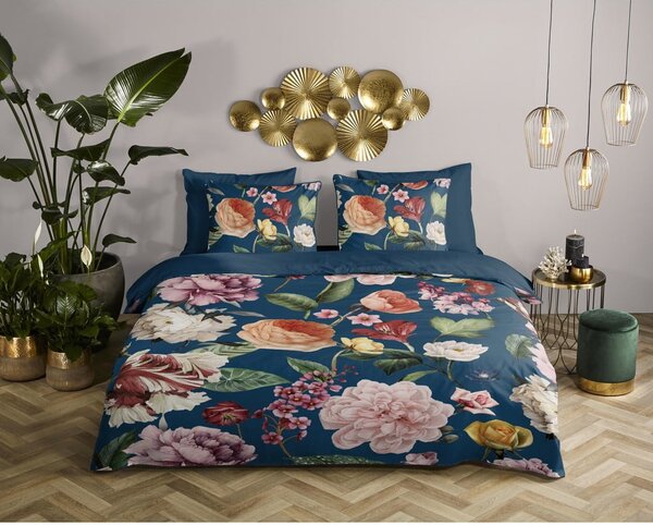 Tmavě modré povlečení na jednolůžko/prodloužené z bavlněného saténu 140x220 cm Fiori – Descanso