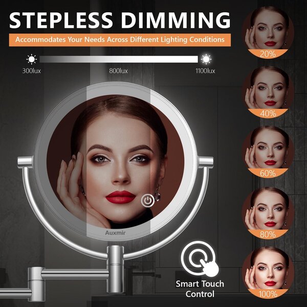 Make-up Zrcadlo s Nástěnným Osvětlením - 1x/30x Zvětšení, Dvouboké