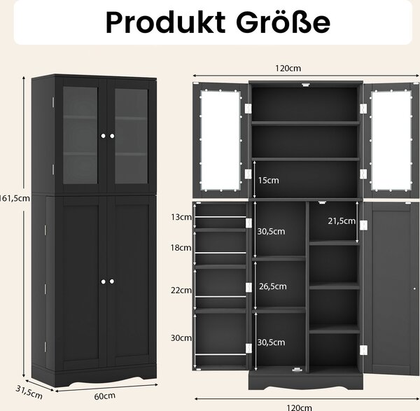 COSTWAY Kuchyňská skříňka se skleněnými dvířky a ochranou proti překlopení, vysoká skříňka, volně stojící kuchyňský bufet, víceúčelová skříňka na dřevo, 1 ks, černá 60x31,5x161,5 cm