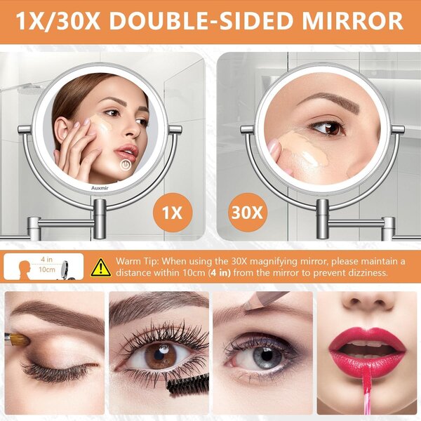 Make-up Zrcadlo s Nástěnným Osvětlením - 1x/30x Zvětšení, Dvouboké