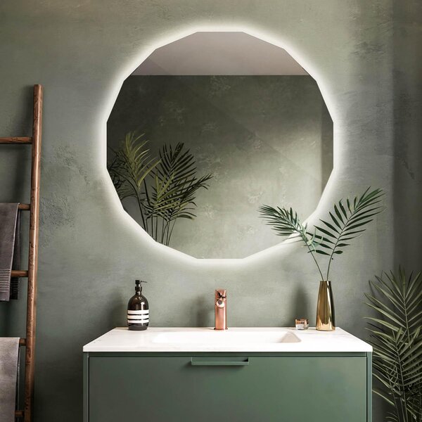 LED zrcadlo 60 x 60 cm – Polygonální zrcadlo na líčení & kosmetiku – Osvětlené designové nástěnné zrcadlo pro koupelnu a chodbu – Neutrální bílá 4000K – Energeticky úsporné, rámové zrcadlo
