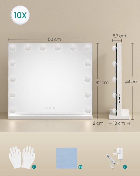 SONGMICS Zrcadlo na líčení s 14 LED diodami a 10x zvětšením, 3 barevné režimy, rozměry 44 x 50 x 5,7 cm, bílá barva