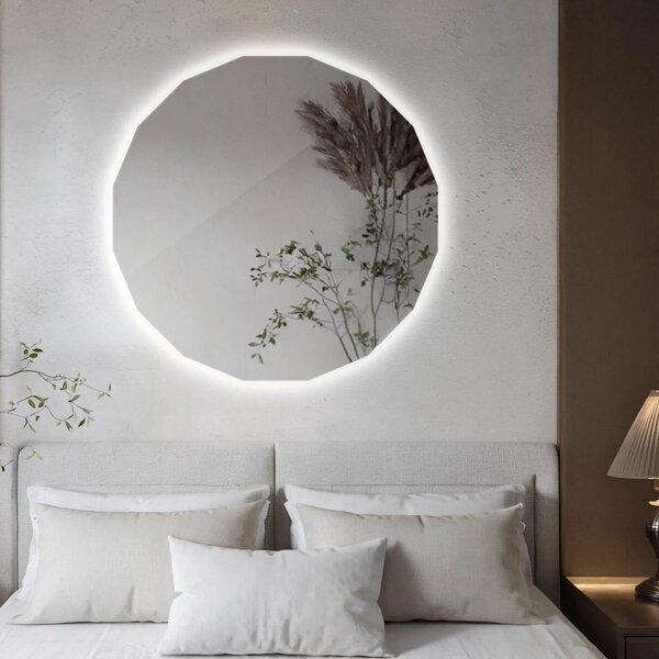 LED zrcadlo 60 x 60 cm – Polygonální zrcadlo na líčení & kosmetiku – Osvětlené designové nástěnné zrcadlo pro koupelnu a chodbu – Neutrální bílá 4000K – Energeticky úsporné, rámové zrcadlo