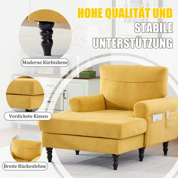 Pohovka LVHOM s masivním dřevěným rámem, rozkládací šenilová látka s postranními kapsami, TV křeslo chaise longue, 97x86x125,5 cm, žlutá barva