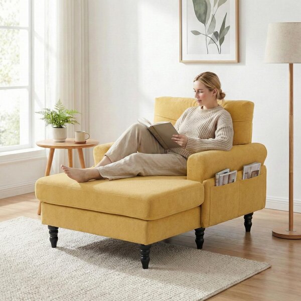 Pohovka LVHOM s masivním dřevěným rámem, rozkládací šenilová látka s postranními kapsami, TV křeslo chaise longue, 97x86x125,5 cm, žlutá barva