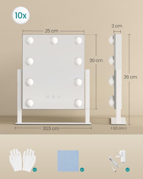 SONGMICS Kosmetické zrcadlo s LED osvětlením, kosmetické zrcadlo, dotykové ovládání, držák na mobilní telefon, 3 barvy světla, 25 x 30 cm, bílé