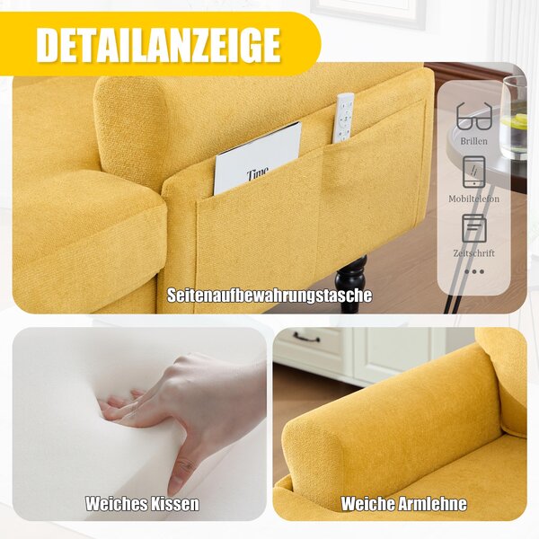 Pohovka LVHOM s masivním dřevěným rámem, rozkládací šenilová látka s postranními kapsami, TV křeslo chaise longue, 97x86x125,5 cm, žlutá barva