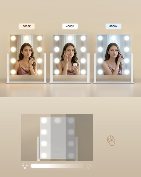 SONGMICS Kosmetické zrcadlo s LED osvětlením, kosmetické zrcadlo, dotykové ovládání, držák na mobilní telefon, 3 barvy světla, 25 x 30 cm, bílé