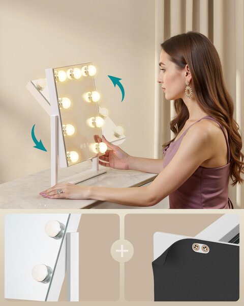 SONGMICS Kosmetické zrcadlo s LED osvětlením, kosmetické zrcadlo, dotykové ovládání, držák na mobilní telefon, 3 barvy světla, 25 x 30 cm, bílé