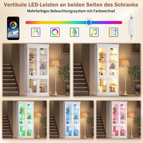 Moderní kuchyňská skříň Flieks, 180 cm, bílá, s integrovaným LED osvětlením, servírovací skříň, volně stojící vysoká skříň 80x40x180 cm