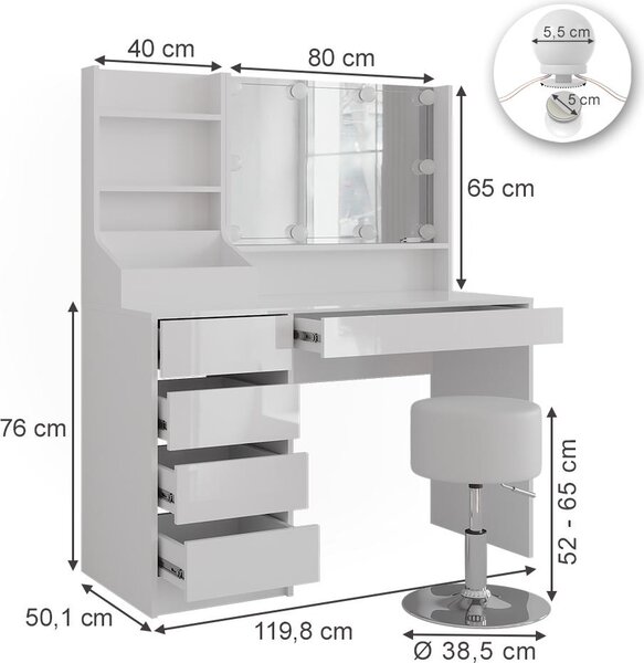 Toaletní stolek Vicco Sherry Bílá/bílý vysoký lesk 119.8 cm 4 díly, Model 57607