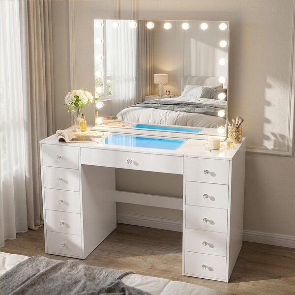 VANITII Toaletní stolek se zrcadlem (rozměry zrcadla: 100 cm x 80 cm), skleněná deska, elegantní moderní design v bílé barvě