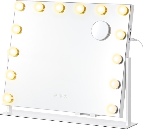 SONGMICS Kosmetické zrcadlo s LED osvětlením, kosmetické zrcadlo, dotykové ovládání, držák na mobilní telefon, 3 barvy světla, 50 x 42 cm, bílé