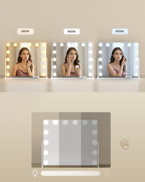 SONGMICS Kosmetické zrcadlo s LED osvětlením, kosmetické zrcadlo, dotykové ovládání, držák na mobilní telefon, 3 barvy světla, 50 x 42 cm, bílé