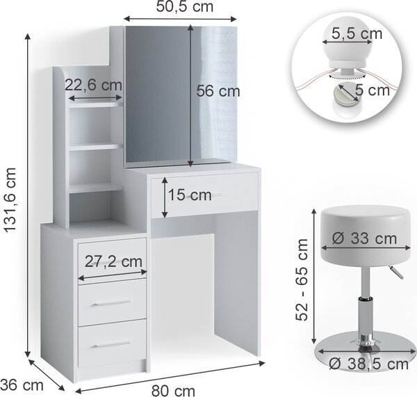 Toaletní stolek Vicco Conrada Bílá 80 cm s LED osvětlením a taburetem, Model 36242
