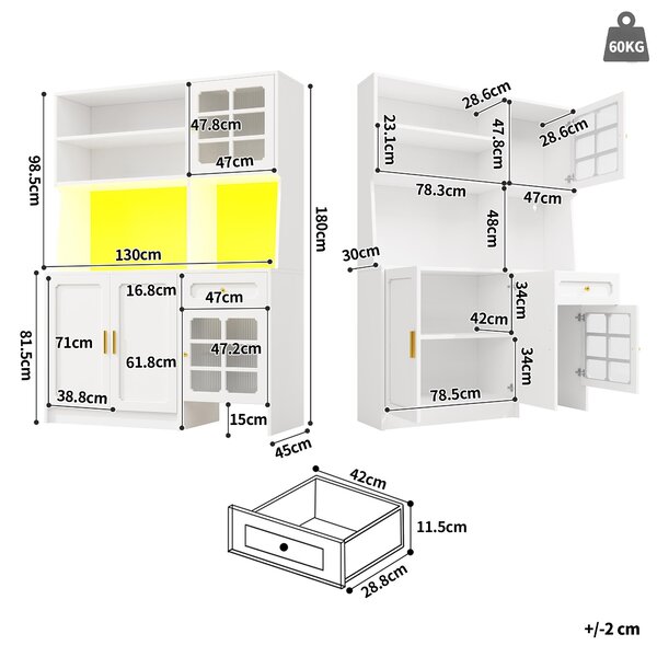 Flieks kuchyňská skříň s prosklenými dvířky a LED osvětlením, vysoká kuchyňská skříň se zásuvkami, příborník 130x45x180cm, bílá