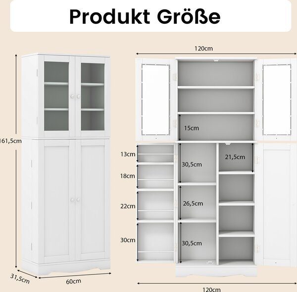 COSTWAY Kuchyňská skříňka se skleněnými dvířky a ochranou proti překlopení, vysoká skříňka, volně stojící kuchyňský bufet, víceúčelová skříňka na dřevo, 1 ks. Bílá 60x31,5x161,5cm