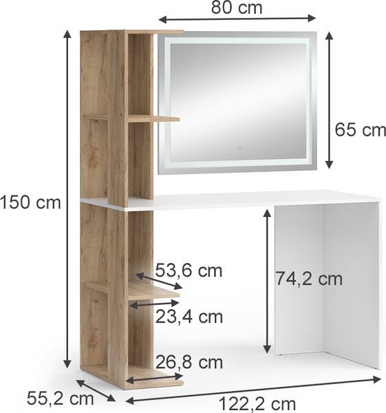 Toaletní stolek Vicco Tower Bílá/Sonoma 122.2 cm se zrcadlem LED, Model 49448