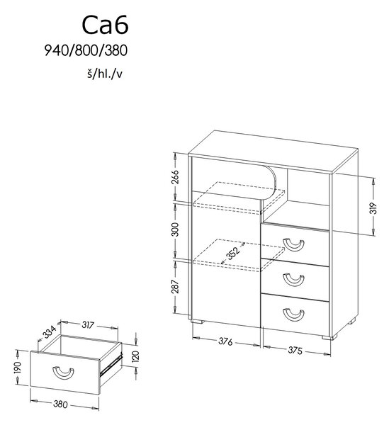 Komoda typ CA6 Caryl (světlý grafit + lesklá bílá + dub nash)