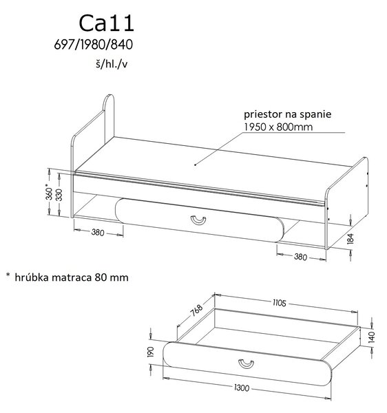 Postel typ CA11 Caryl (světlý grafit + lesklá bílá + dub nash)