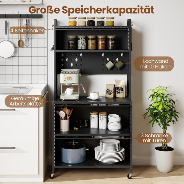Vysoká kuchyňská skříňka COSTWAY, kuchyňský regál s kolečky, bufetová skříňka s výklopnými dvířky, závěsná deska, háčky a ochrana proti překlopení, stojící police, vysoká skříňka, šedá barva