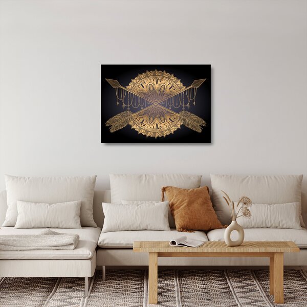 Skleněný obraz - Zlatá mandala s šípy (70x50 cm)