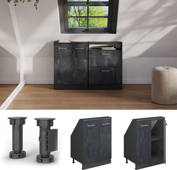 Kuchyňská skříňka pod šikmou střechu Vicco R-Line Černý beton 60 cm se 2 dvířky, Model 58255