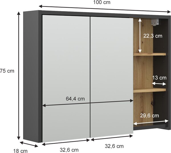 Koupelnová zrcadlová skříňka Vicco Viola Řemeslný dub 100 x 75 cm, Model 40153