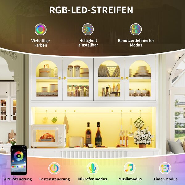 Skříňka do kuchyně Flieks s RGB LED osvětlením, ovládáním přes aplikaci, kuchyňské skříňky se zásuvkami a výsuvnými policemi po obou stranách, komoda 120x40x187 cm, bílá barva