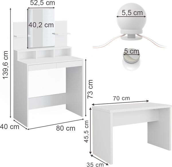 Toaletní stolek Vicco Ania Bílá 80 cm s LED osvětlením a lavicí, Model 36386