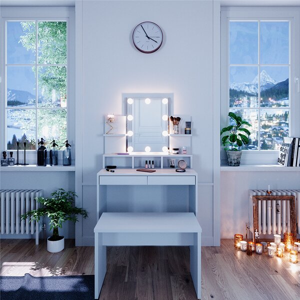 Toaletní stolek Vicco Ania Bílá 80 cm s LED osvětlením a lavicí, Model 36386
